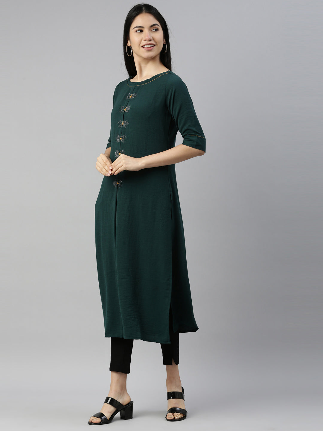 Neerus Green crepe printed kurti - side view