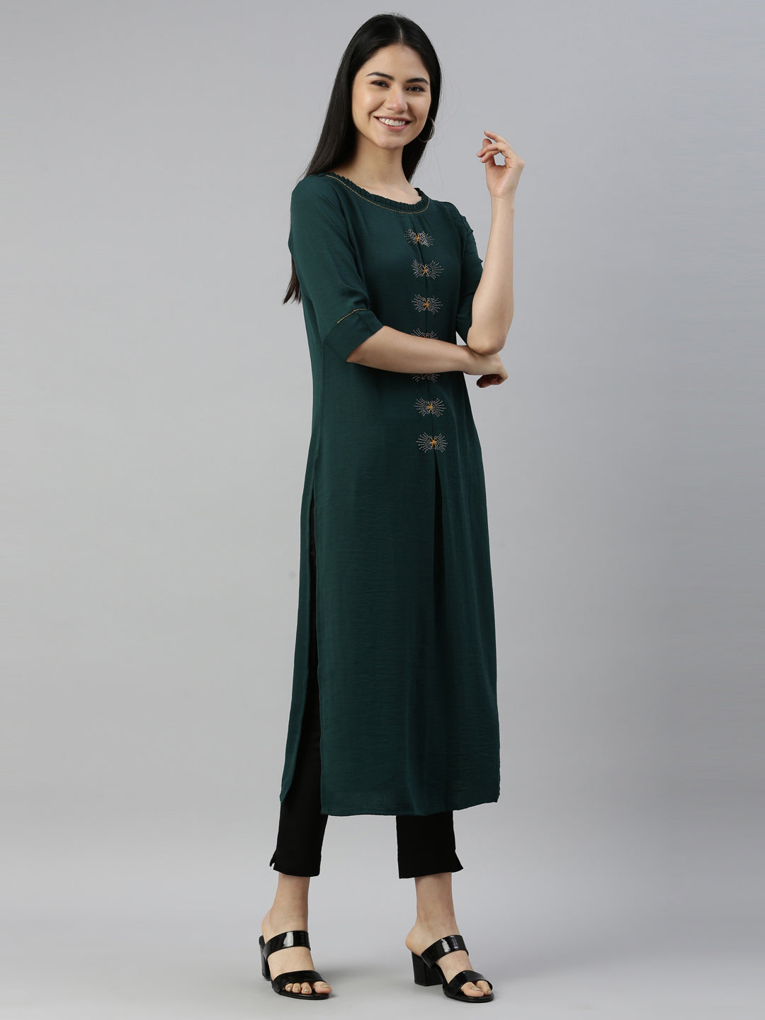 Neerus Green crepe printed kurti - detail view 1