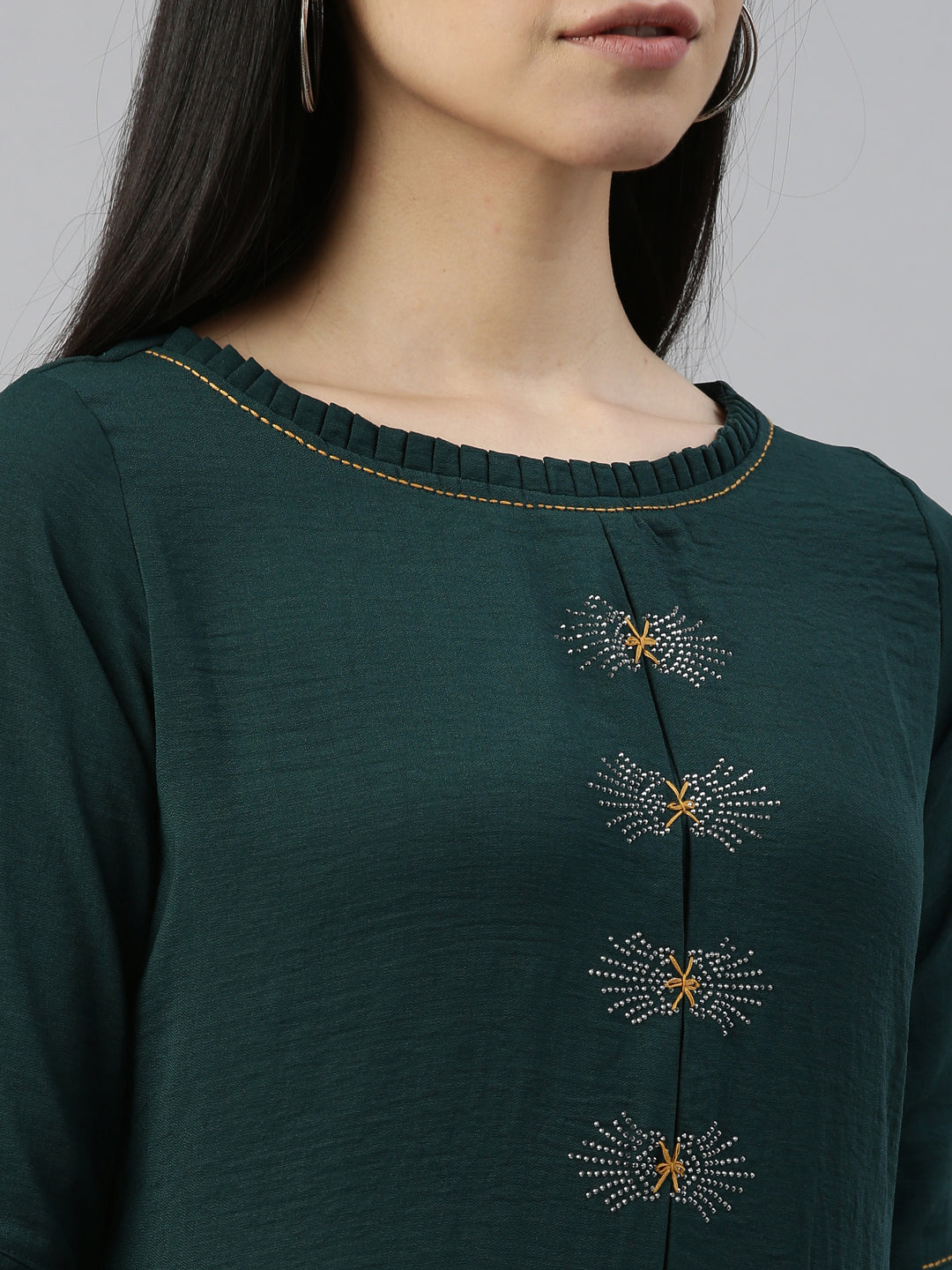 Neerus Green crepe printed kurti - detail view 5