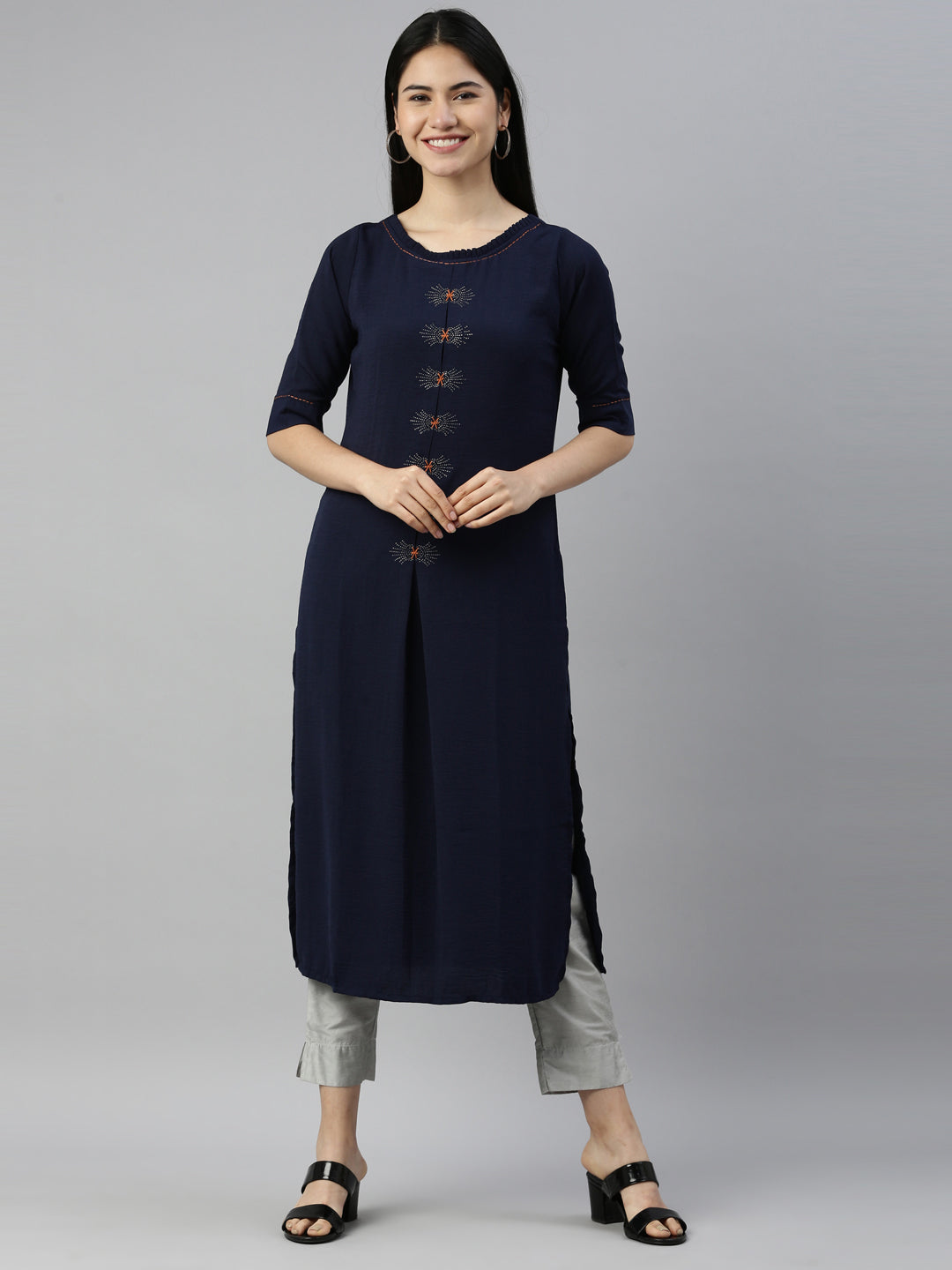 Neerus Blue crepe solid kurta - front view