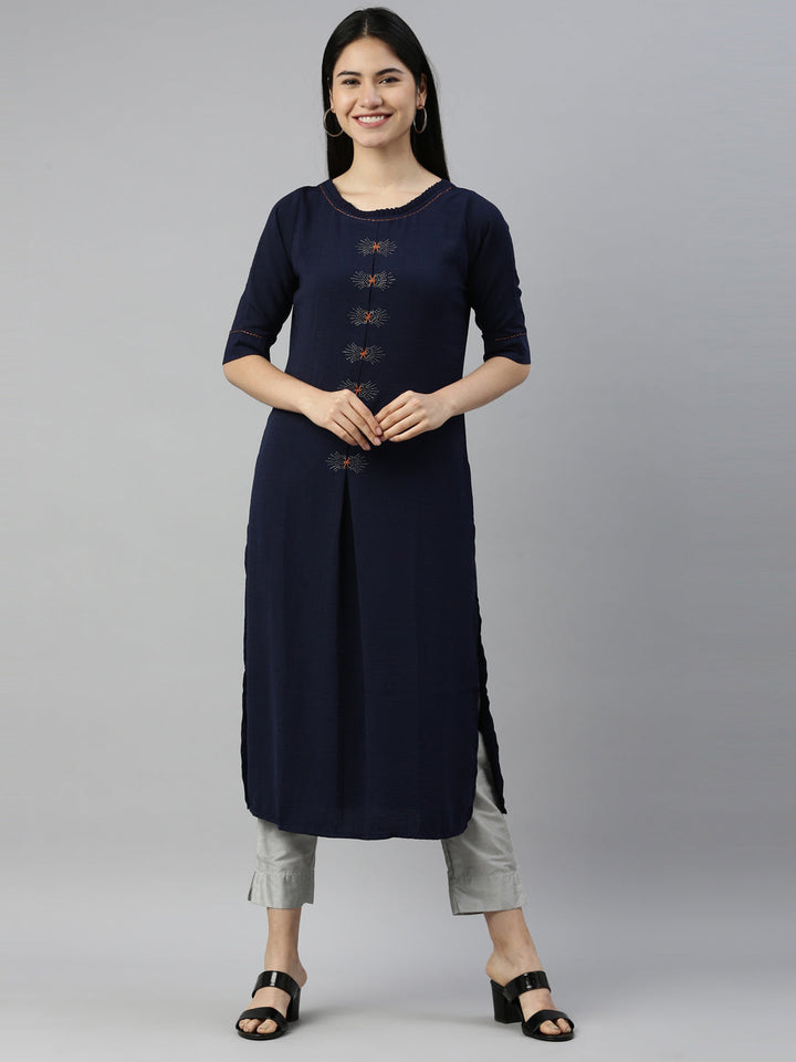 Neerus Blue crepe solid kurta - front view