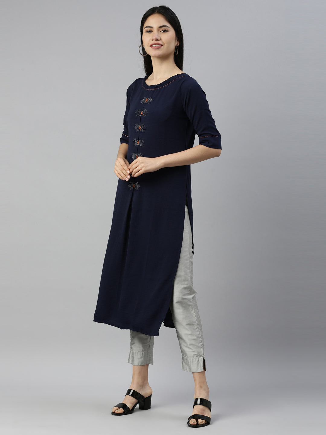 Neerus Blue crepe solid kurta - side view