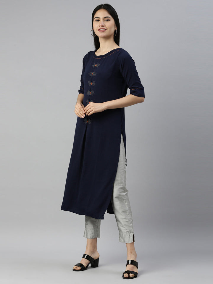 Neerus Blue crepe solid kurta - side view
