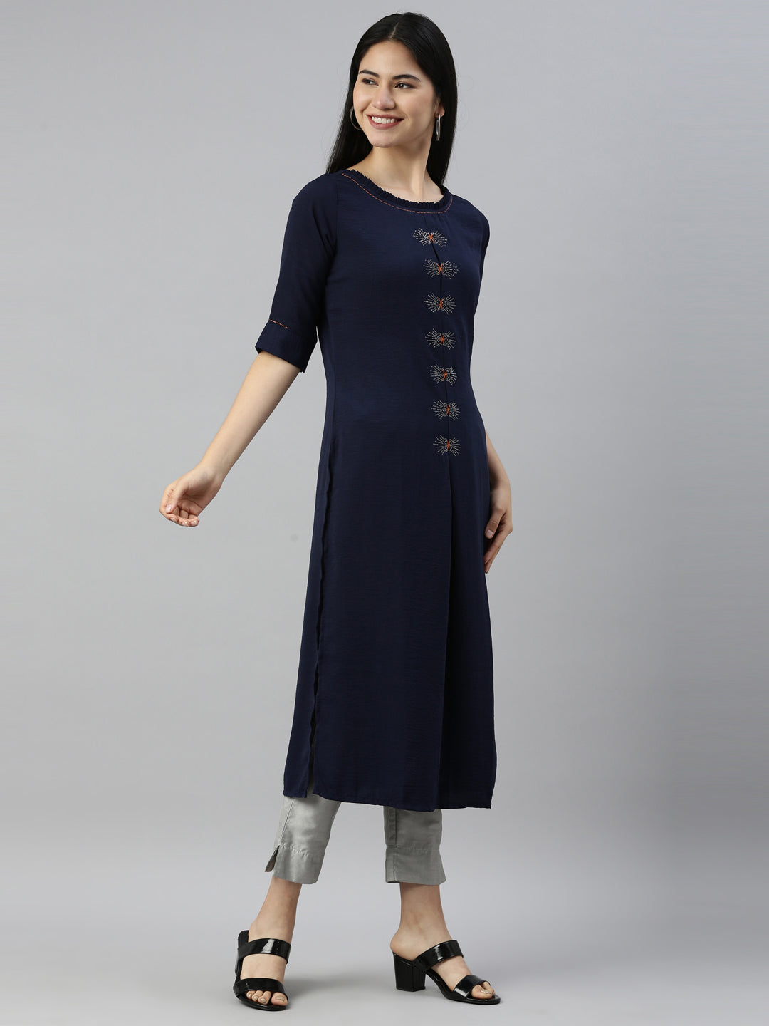 Neerus Blue crepe solid kurta - detail view 1