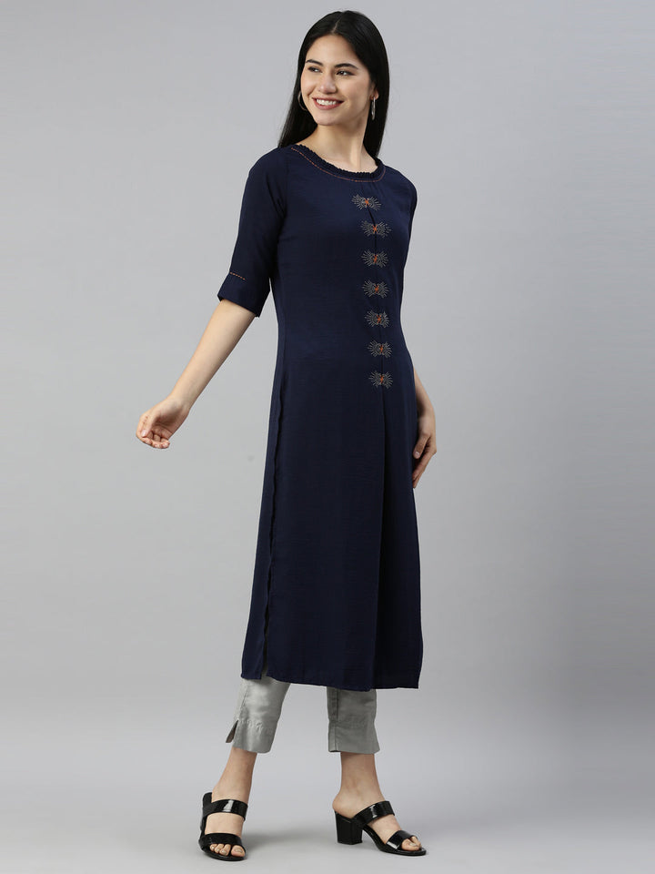 Neerus Blue crepe solid kurta - detail view 1