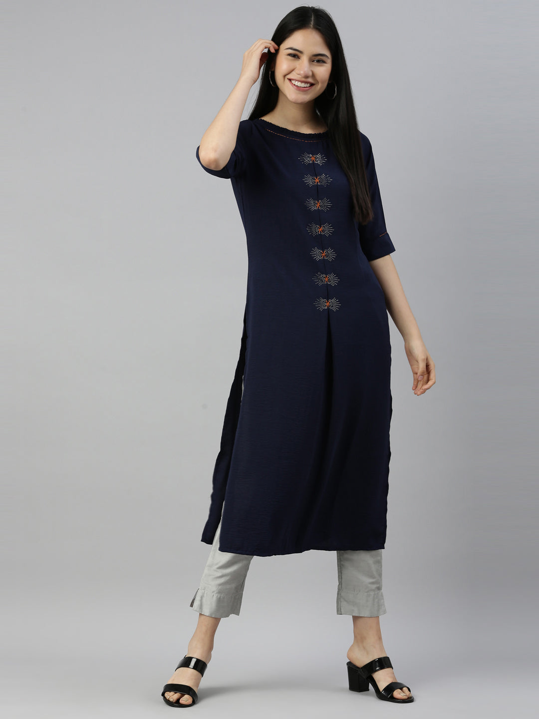 Neerus Blue crepe solid kurta - detail view 3