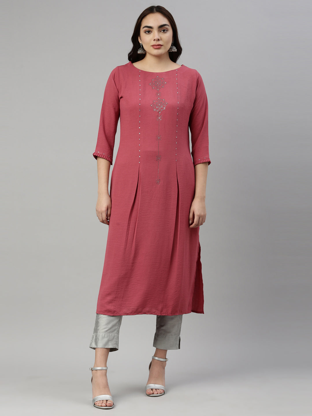 Neerus Pink rayon straight kurti - front view