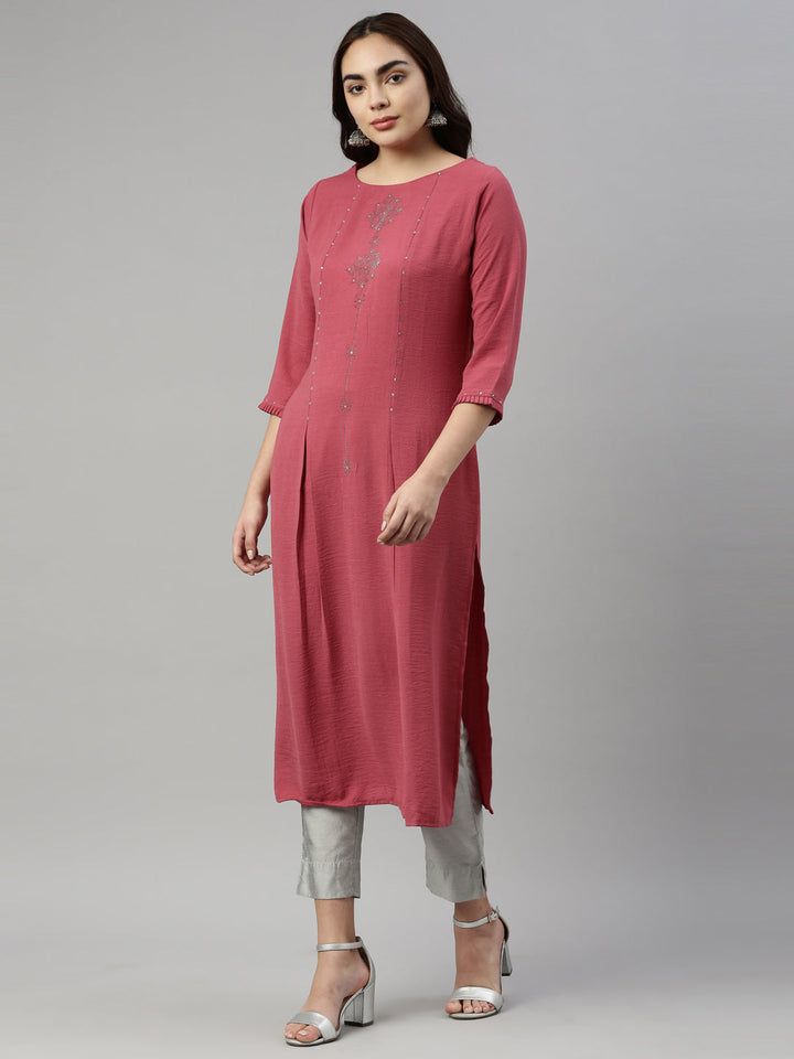Neerus Pink rayon straight kurti - side view