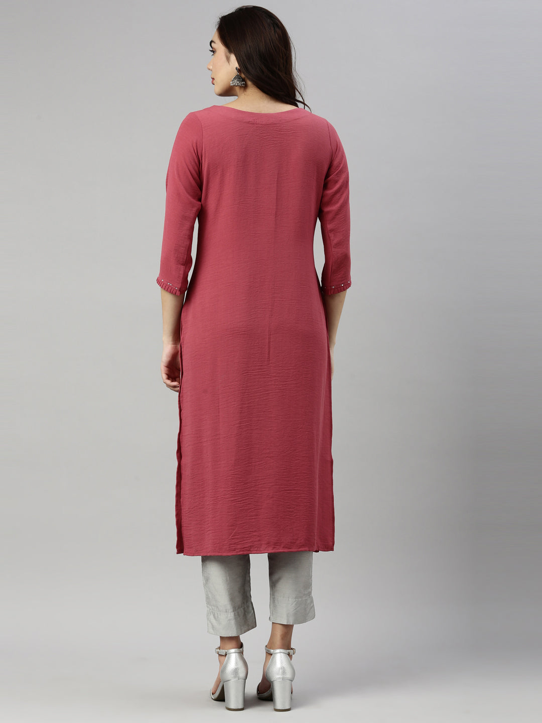 Neerus Pink rayon straight kurti - detail view 2