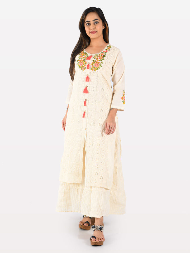 Neerus Beige cotton embroidered straight kurta - detail view 2