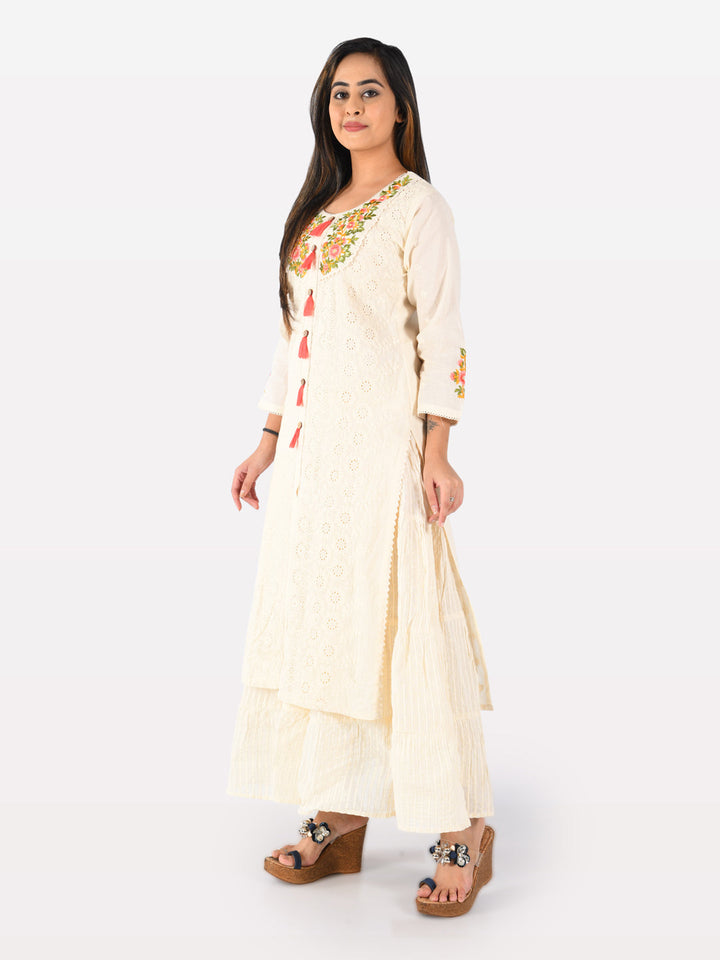 Neerus Beige cotton embroidered straight kurta - front view