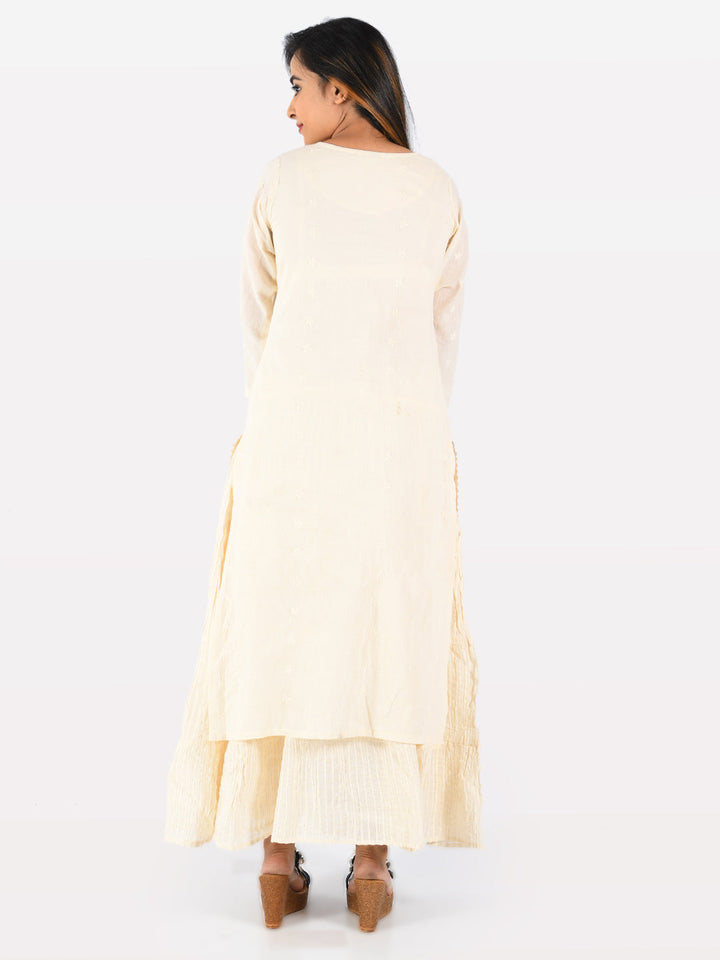 Neerus Beige cotton embroidered straight kurta - side view