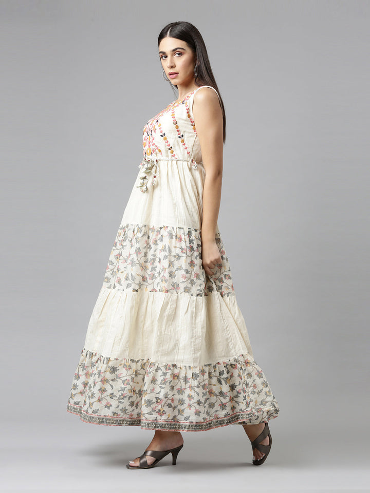 Neerus Beige cotton solid maxi dress - back view