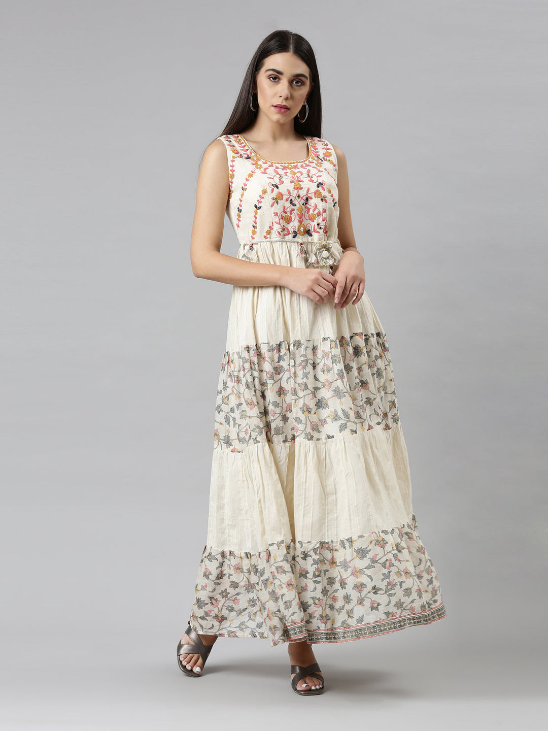 Neerus Beige cotton solid maxi dress - front view