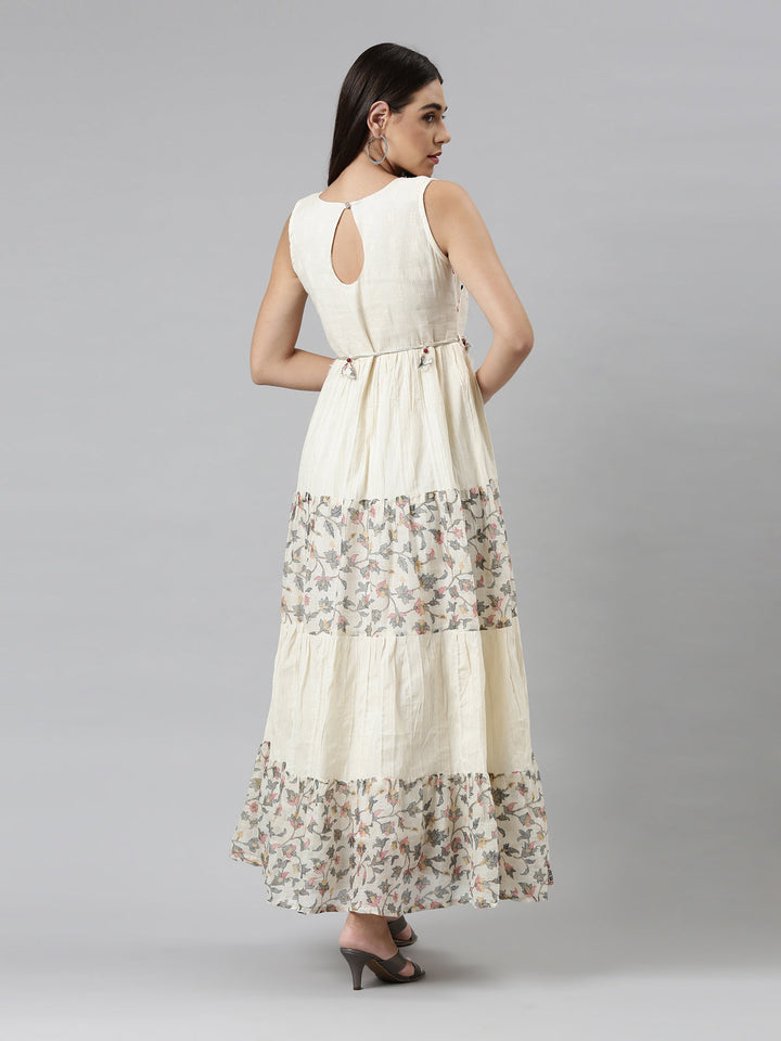 Neerus Beige cotton solid maxi dress - side view