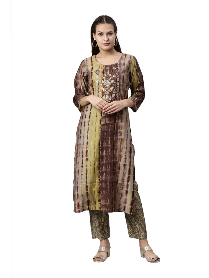Neerus Brown satin kurta set - front view