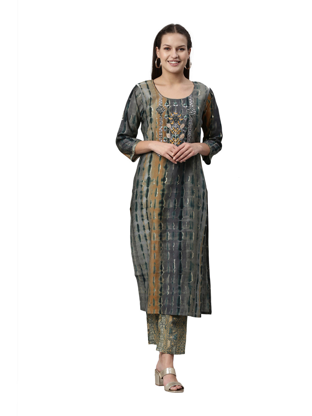 Neerus Grey satin kurta set - front view