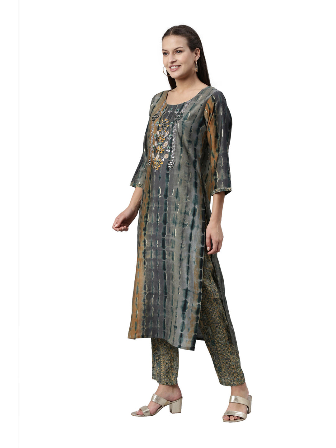 Neerus Grey satin kurta set - side view
