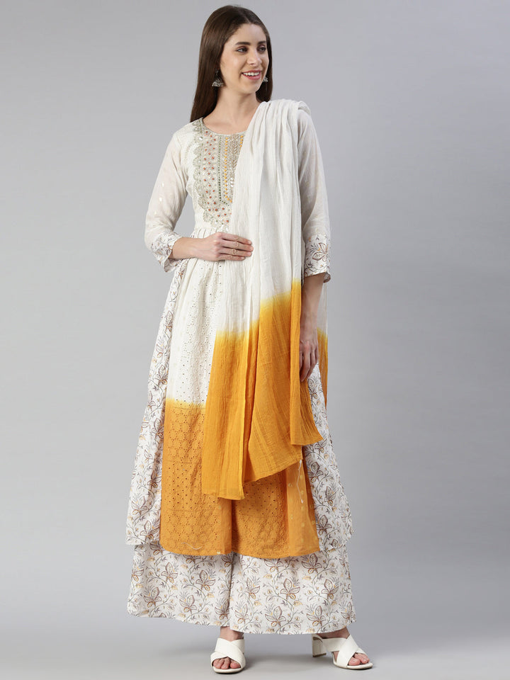 Neerus White embroidered kurta set with palazzo and dupatta - front view