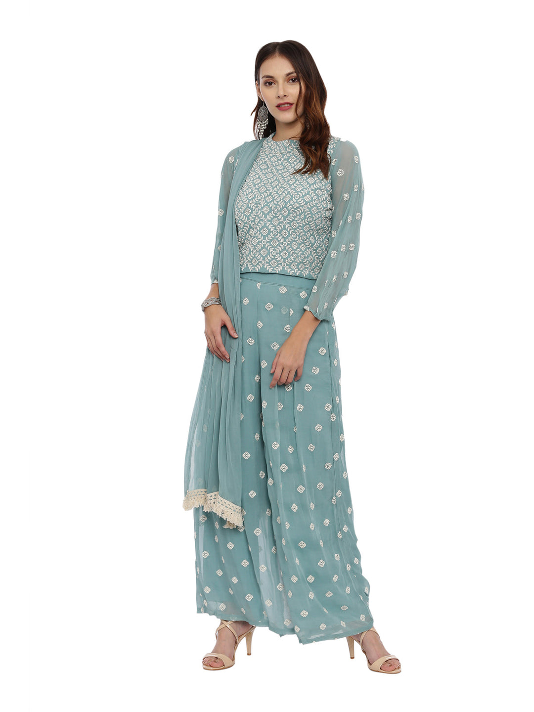 Neerus Green georgette straight suit set - front view