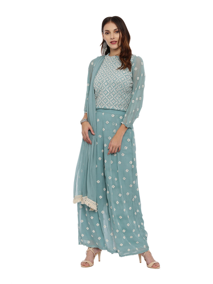 Neerus Green georgette straight suit set - front view