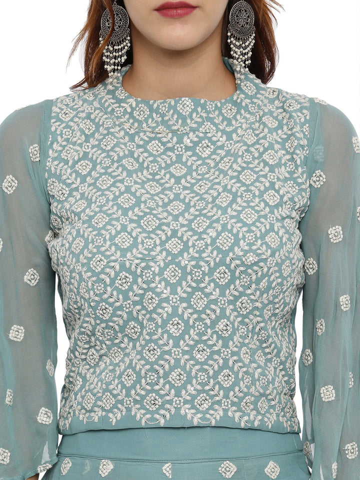Neerus Green georgette straight suit set - back view