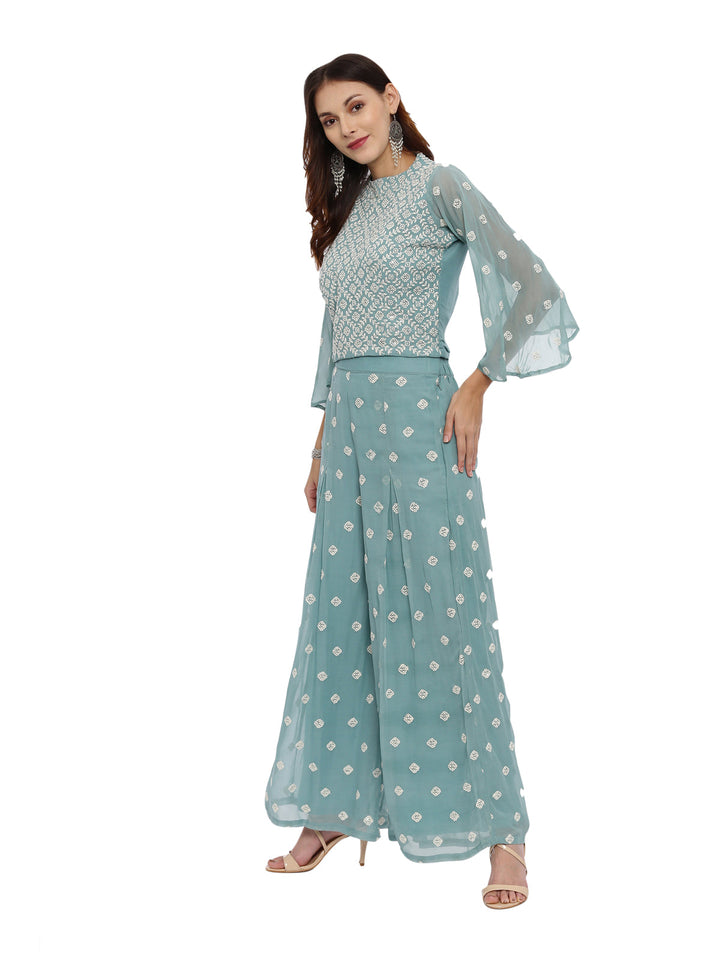 Neerus Green georgette straight suit set - detail view 2