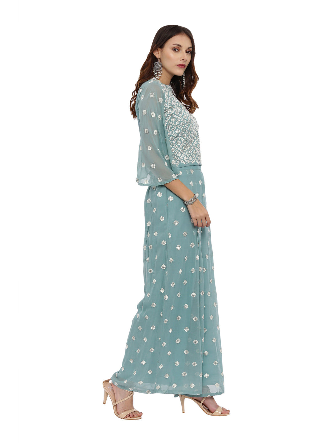 Neerus Green georgette straight suit set - side view