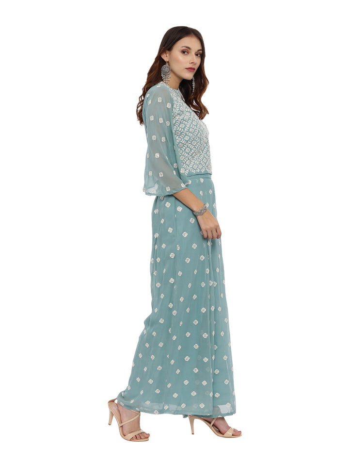Neerus Green georgette straight suit set - side view