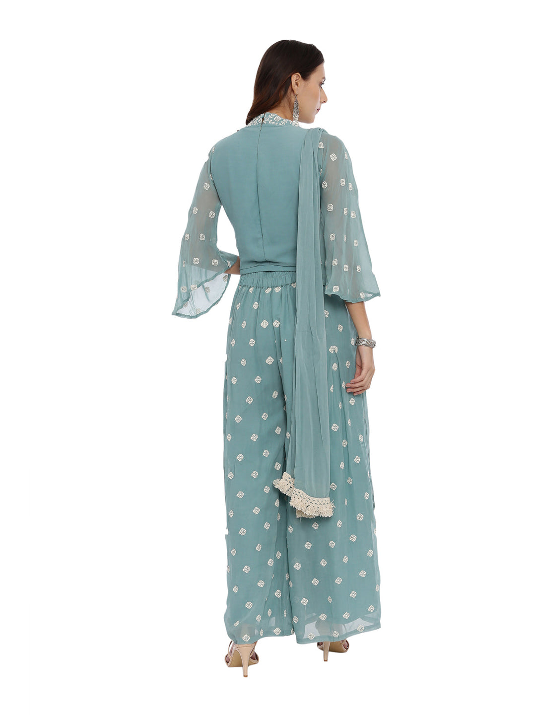 Neerus Green georgette straight suit set - detail view 1