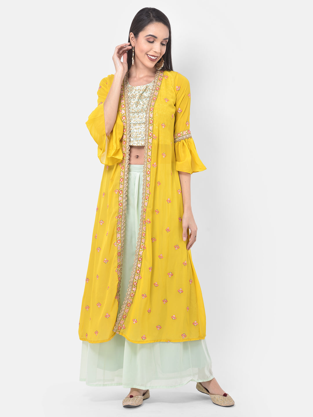 Neerus Blue embellished kurta set with palazzo and shrug - front view