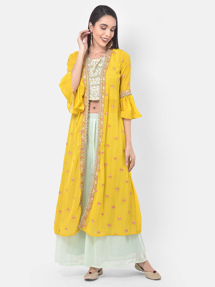 Neerus Blue embellished kurta set with palazzo and shrug - front view
