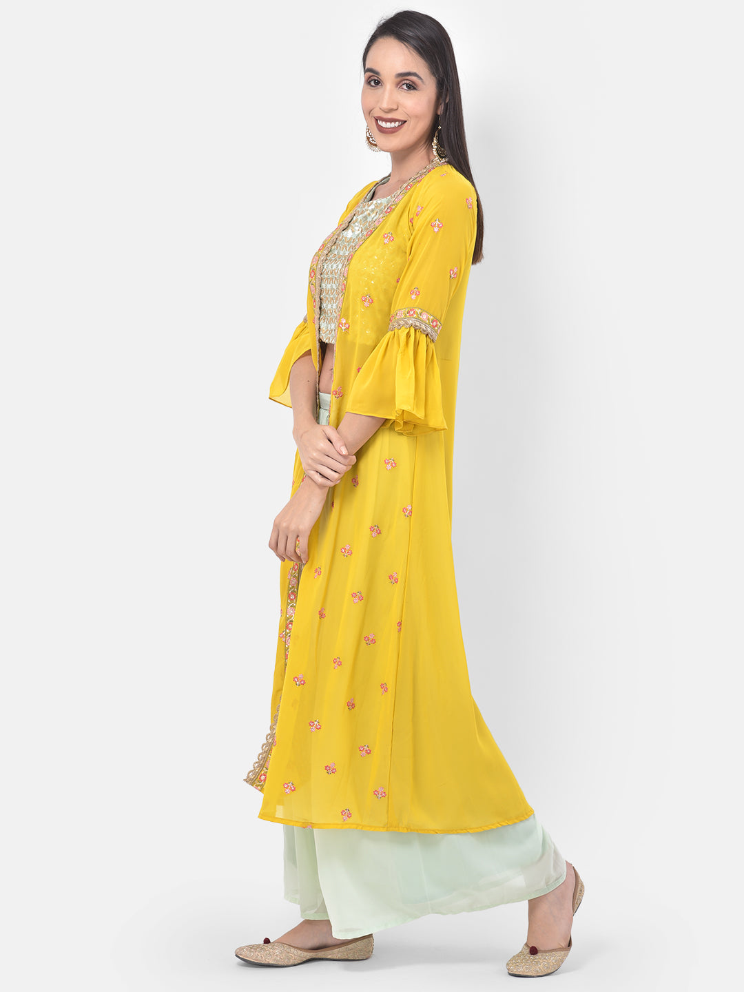 Neerus Blue embellished kurta set with palazzo and shrug - side view