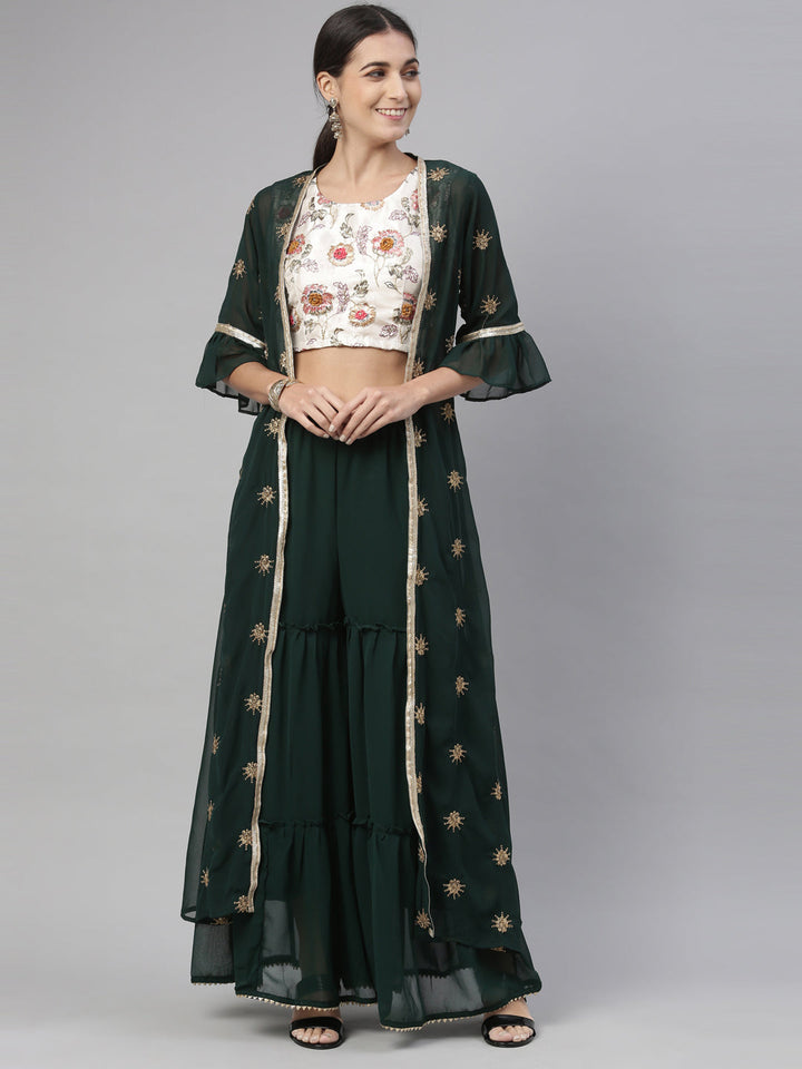 Neerus Green Georgette Embellished Suit Set - front view