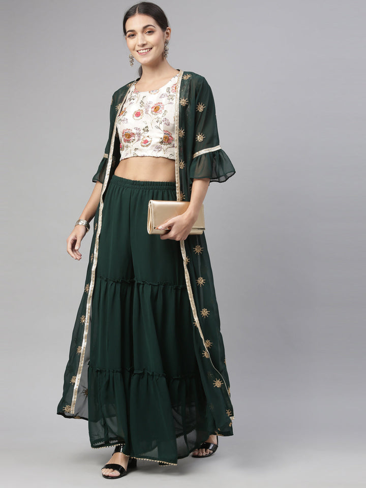 Neerus Bottle Green Color Georgette Fabric Suit Set