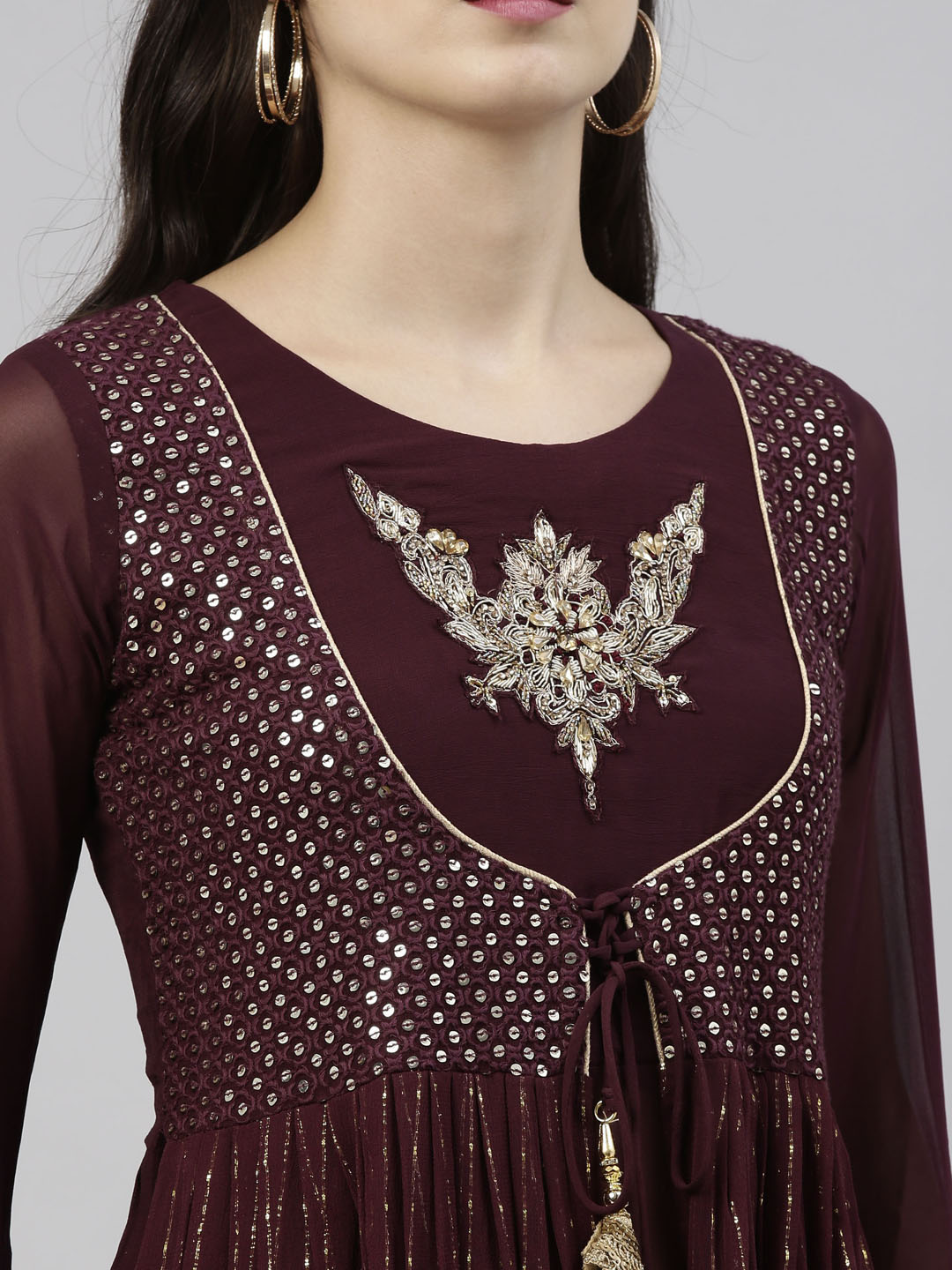 Neerus Maroon georgette anarkali suit set - detail view 4