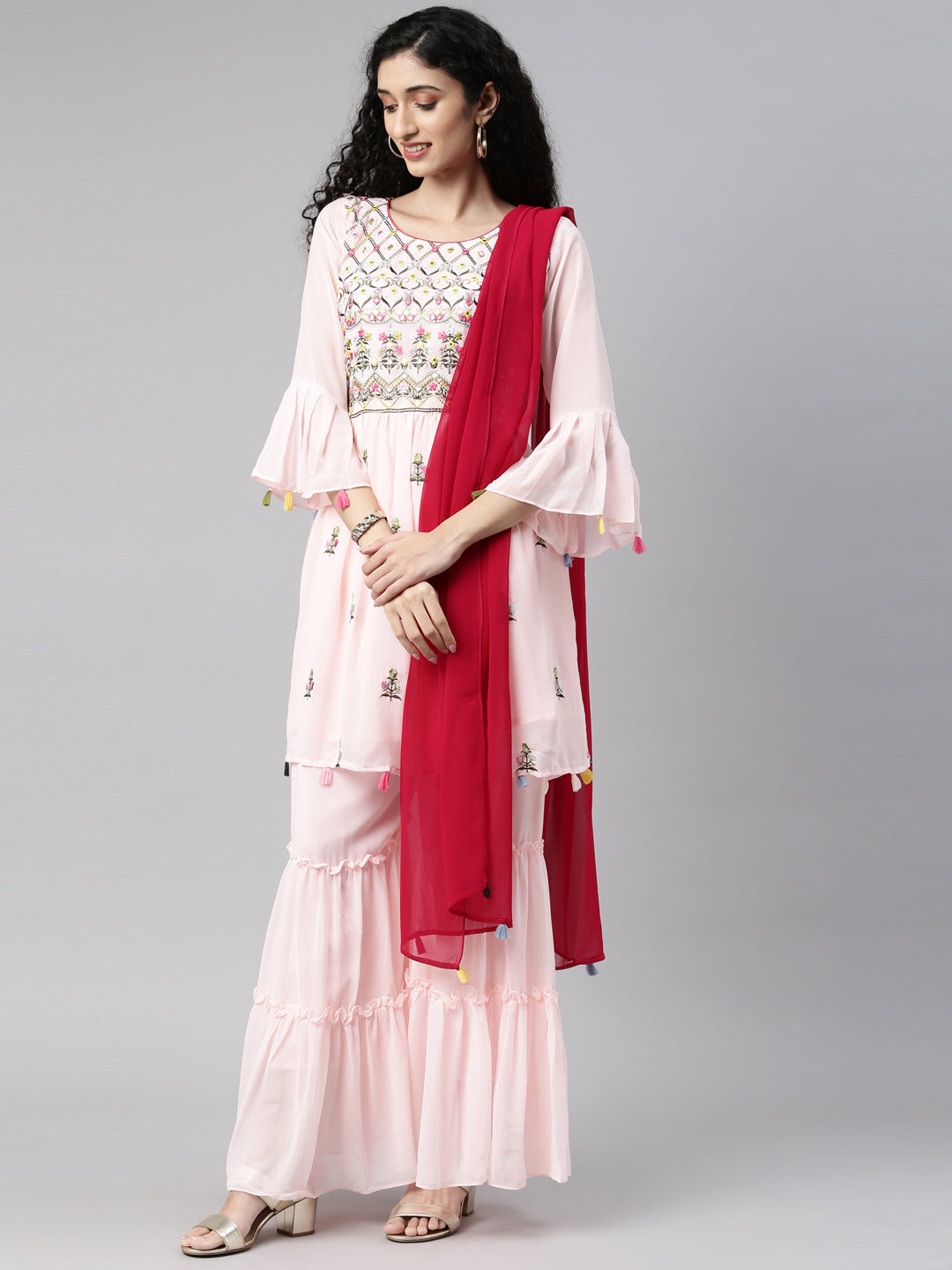 Neerus Pink georgette printed kurta set - front view
