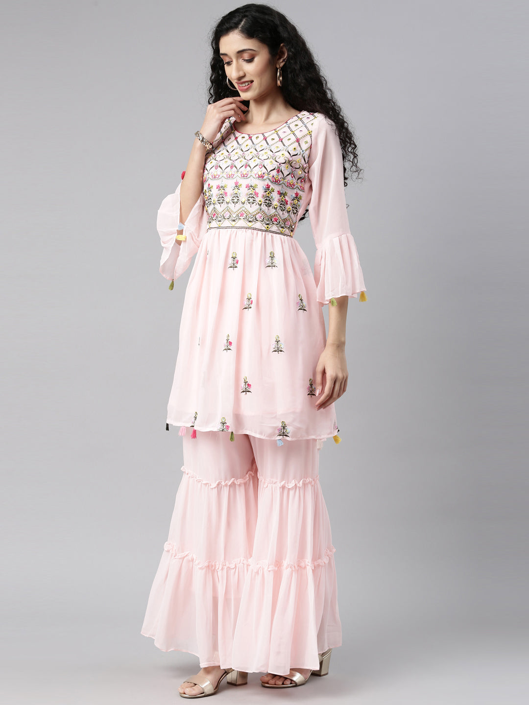 Neerus Pink georgette printed kurta set - detail view 2