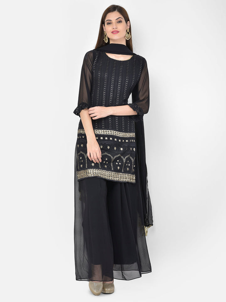 Neerus Black georgette embellished kurta set - detail view 7
