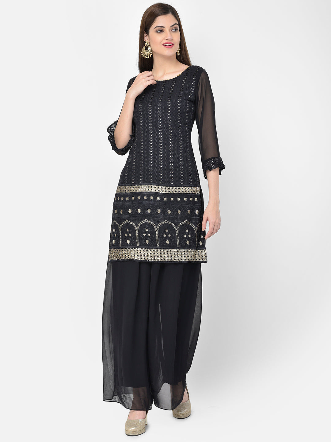 Neerus Black georgette embellished kurta set - front view