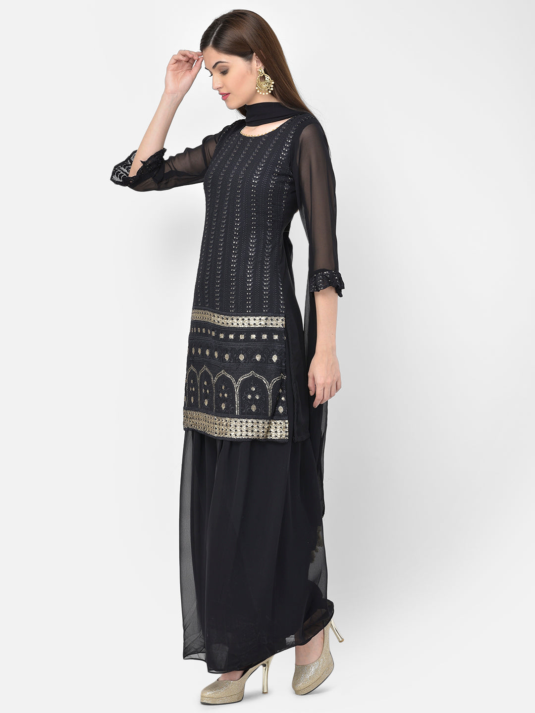 Neerus Black georgette embellished kurta set - back view