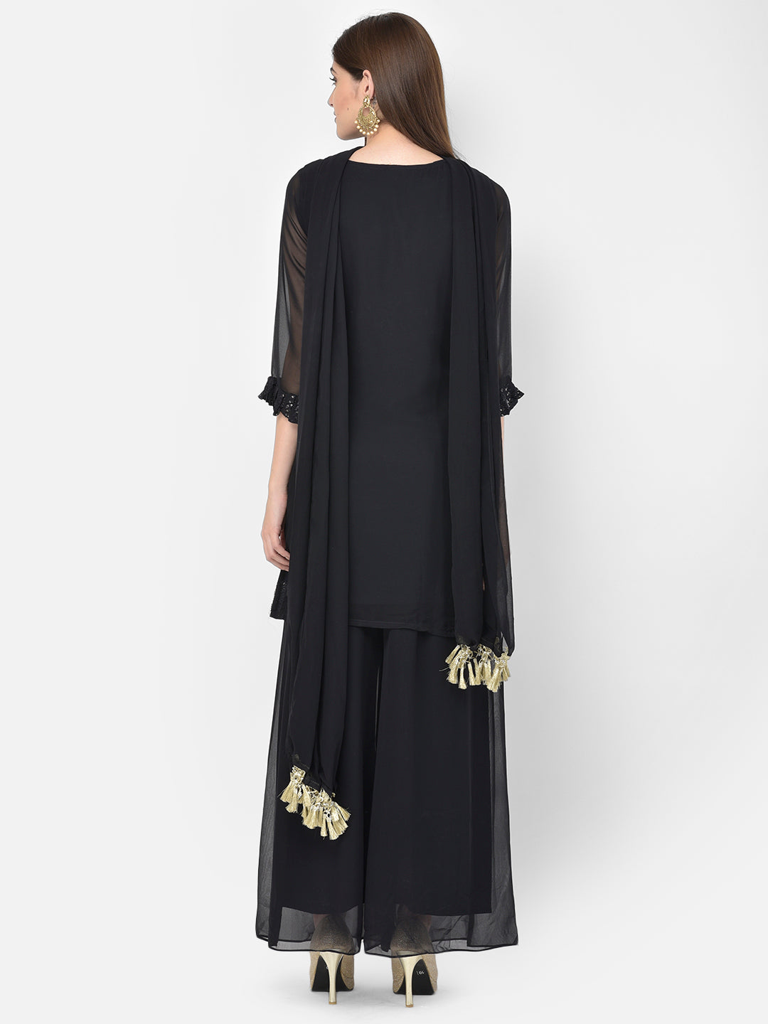 Neerus Black georgette embellished kurta set - detail view 1