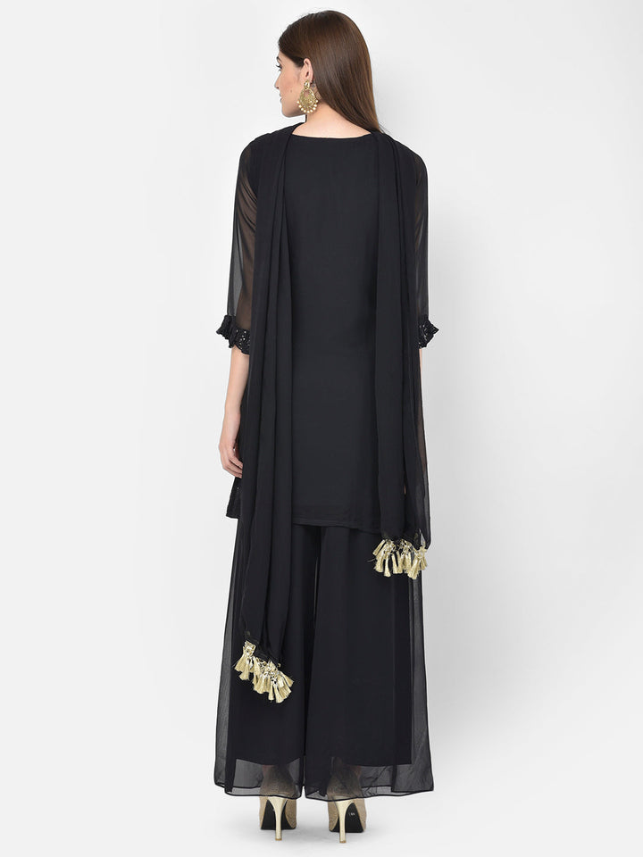 Neerus Black georgette embellished kurta set - detail view 1