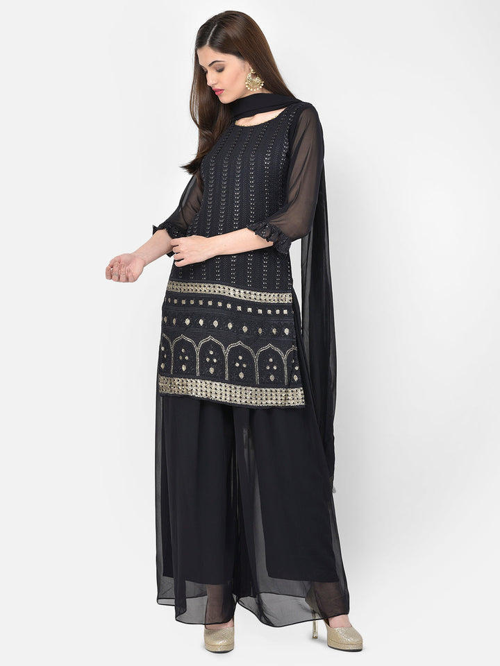 Neerus Black georgette embellished kurta set - detail view 6