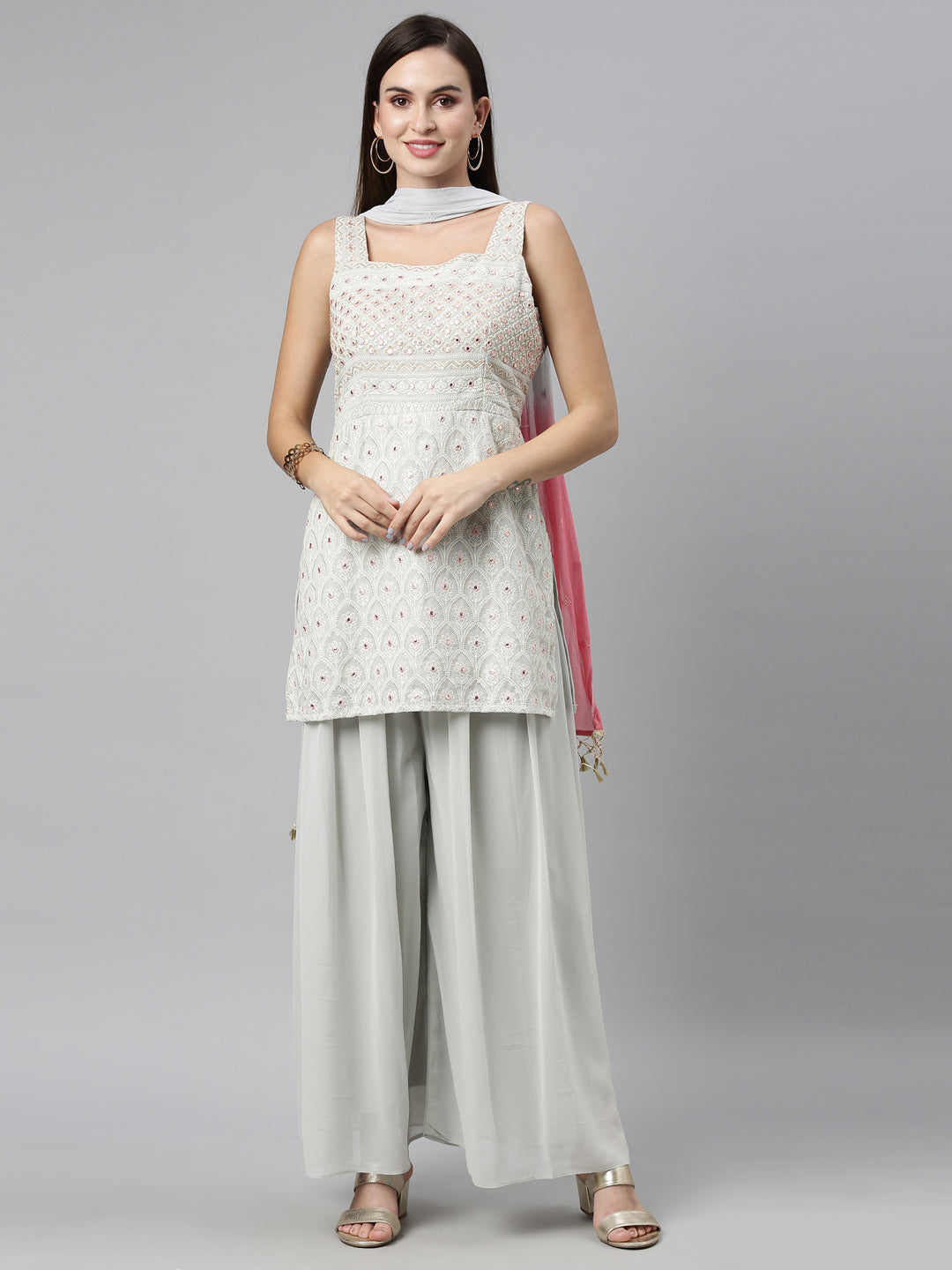Neerus Grey georgette embellished kurta set - front view