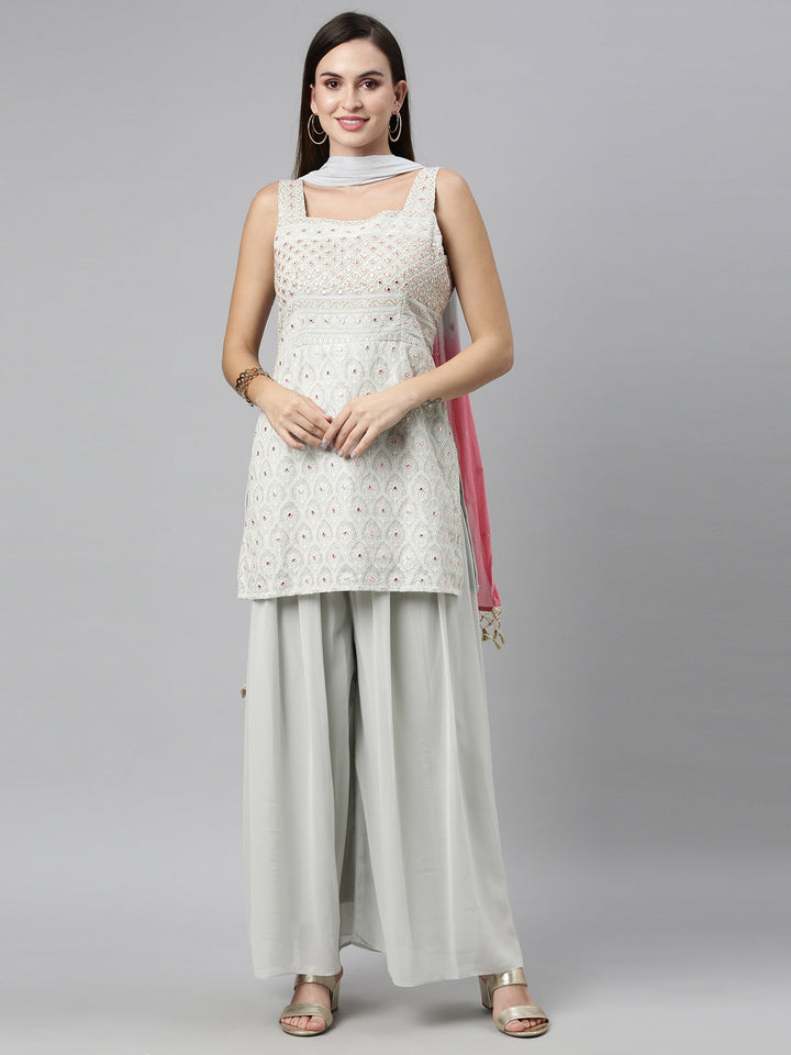 Neerus Grey georgette embellished kurta set - front view