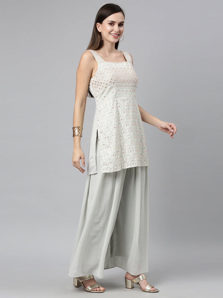 Neerus Grey georgette embellished kurta set - back view