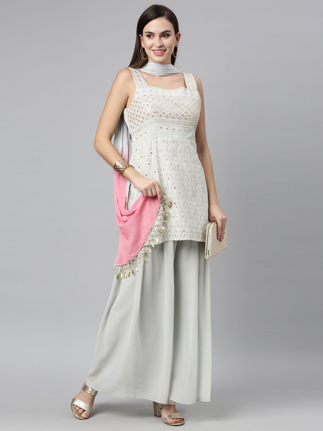 Neerus Grey georgette embellished kurta set - detail view 2