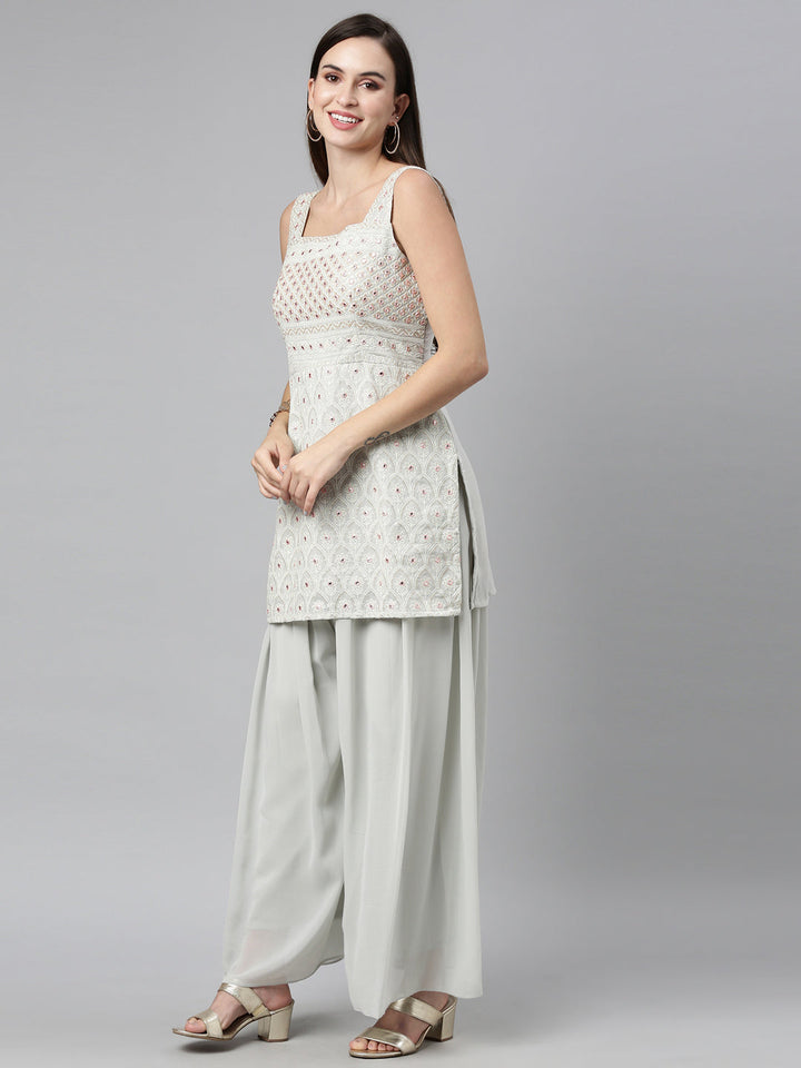 Neerus Grey georgette embellished kurta set - detail view 3
