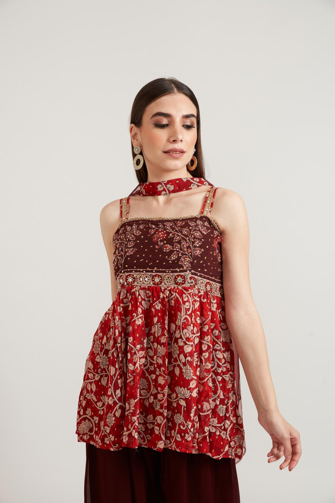 Neerus Maroon georgette embroidered suit set - back view